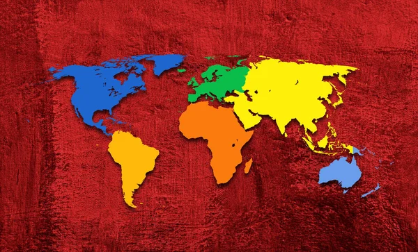 Mapa Mundo Com Continentes Coloridos Fundo Gesso Cimento Grunge Vermelho — Fotografia de Stock