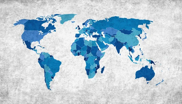 Mapa Del Mundo Azul Con Países Sobre Fondo Grunge Blanco — Foto de Stock