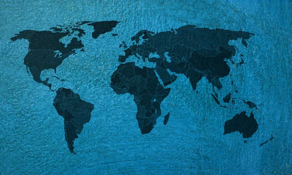 Mapa Mundo Preto Com Países Textura Gesso Cimento Azul — Fotografia de Stock