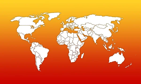 Mapa Del Mundo Blanco Con Países Sobre Fondo Amarillo Rojo — Foto de Stock