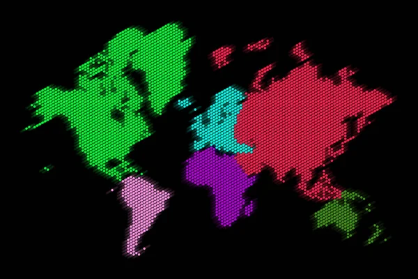 Mapa Świata Kolorowymi Kropkami Czarnym Tle — Zdjęcie stockowe