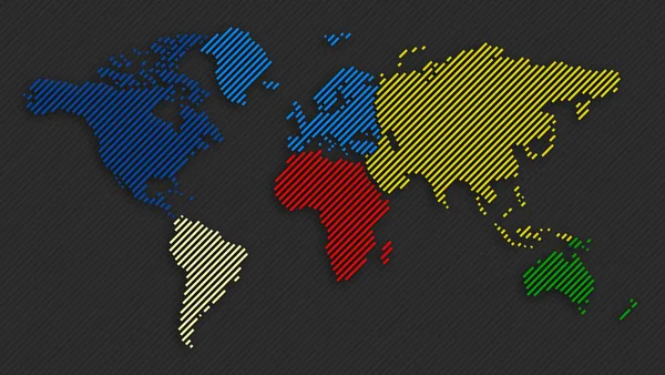 World Map Made Colored Dotted Lines Black Background — Stock Photo, Image