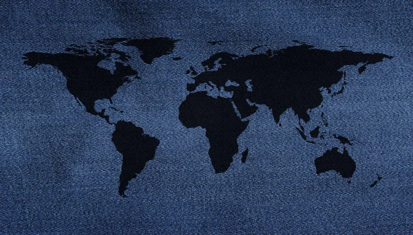 Black World Map Blue Denim Fabric Background — Stock Photo, Image