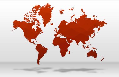 Beyaz duvar arkaplanı üzerinde kırmızı dünya haritası