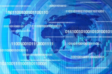İkili kod dizgilerine sahip dünya haritası. Mavi teknoloji geçmişi. Siber güvenlik, internet, ağ, genişletme, finans, ekonomi, veri, teknoloji, bilgisayar, elektronik kavramları.