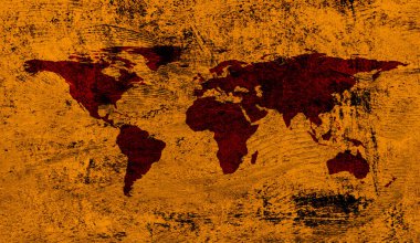 Turuncu grunge arkaplanda Siyah Dünya Haritası