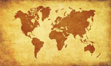 Esmer grunge Dünya Haritası eski kağıt parşömen arka planı
