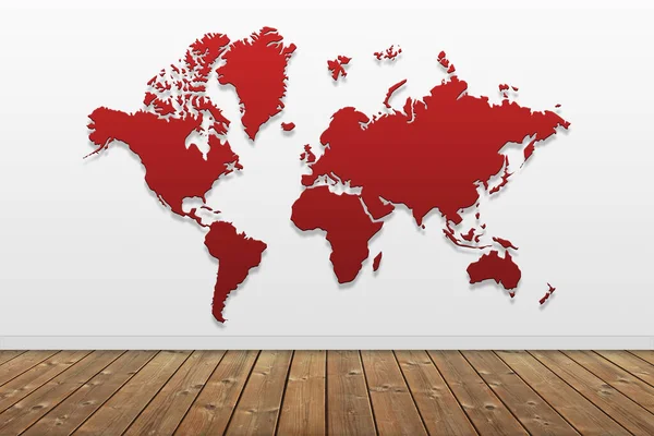 Mapa Del Mundo Rojo Sobre Fondo Pared Blanco Con Piso — Foto de Stock