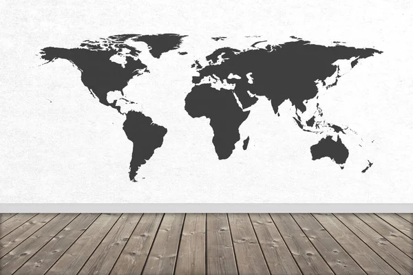 Black World Map White Wall Background Wooden Desks Floor — Zdjęcie stockowe