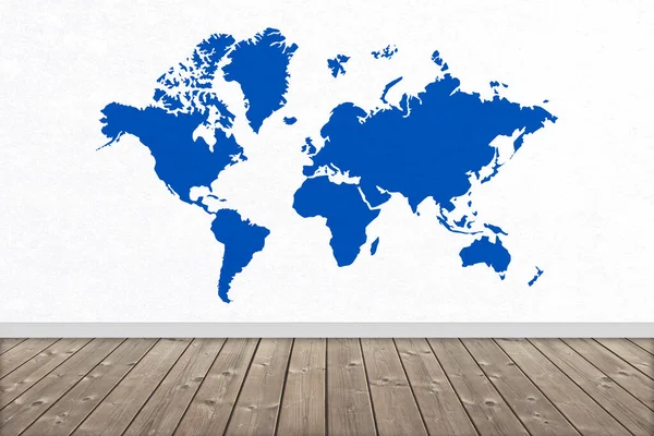 Mapa Modrého Světa Bílém Pozadí Dřevěnou Podlahou — Stock fotografie