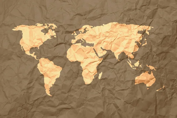 Mappa Del Mondo Giallo Sfondo Marrone Carta Spiegazzata — Foto Stock