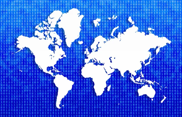 Vit Världskarta Blå Binär Kod Bakgrund — Stockfoto