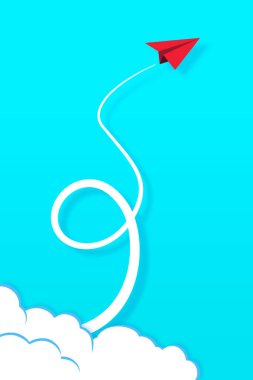 Mavi arka planda uçan kırmızı kağıt uçak. Vektör EPS10.