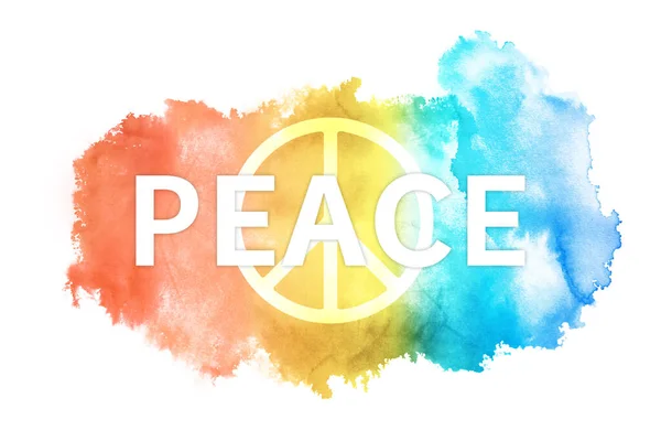 Friedenshintergrund White Peace Wort Und Symbol Des Friedens Auf Regenbogenfarben — Stockfoto