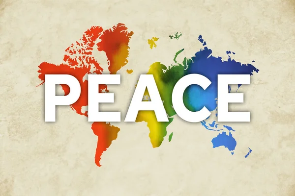 Peace background. White Peace word on rainbow colors World Map impressed on paper background.