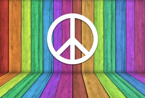 Vrede Achtergrond Wit Symbool Van Vrede Regenboog Kleuren Houten Achtergrond — Stockfoto
