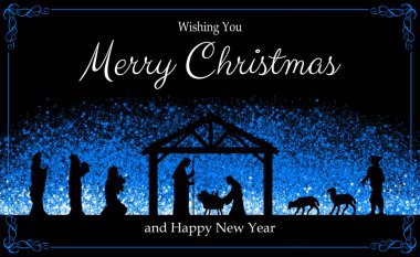 Mavi-siyah arka planda Noel Doğumu Sahnesi tebrik kartı