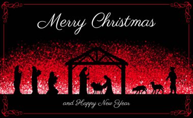 Kırmızı-siyah arka planda Noel Doğumu Sahnesi tebrik kartı