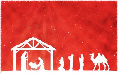 Kırmızı arka planda Noel Doğumu Sahnesi beyaz siluet