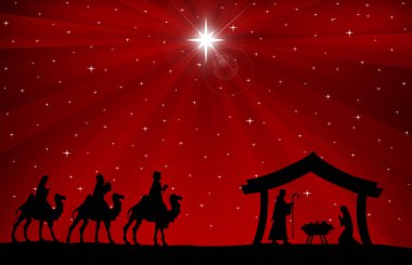 Kırmızı arka planda Noel Doğumu Sahnesi Siyah siluet