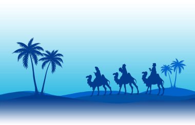 Üç Bilge Adam mavi arka planda çölde seyahat eder.