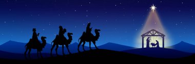 Noel Doğumu Sahnesi Mavi arka planda siyah siluet