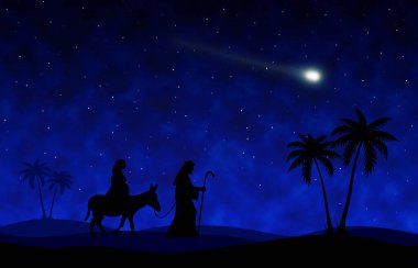 Joseph ve Mary yolculuk mavi arka plan