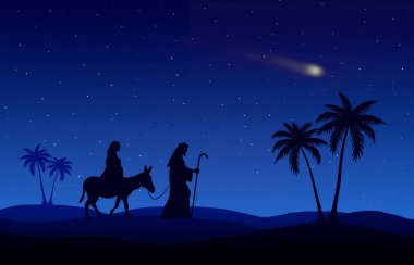 Joseph ve Mary yolculuk mavi arka plan