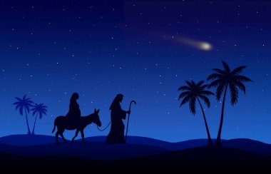 Joseph ve Mary yolculuk mavi arka plan