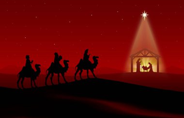 Kırmızı arkaplanda Noel Doğumu Sahnesi