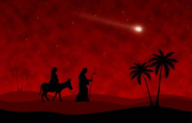 Kırmızı arka planda Joseph ve Mary yolculuğu