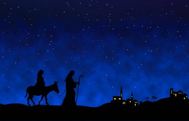 Joseph ve Mary mavi arka planda yolculuk