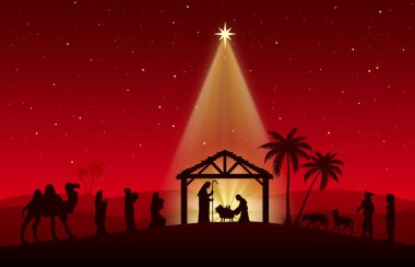 Kırmızı arkaplanda Noel Doğumu Sahnesi