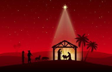 Kırmızı arkaplanda Noel Doğumu Sahnesi