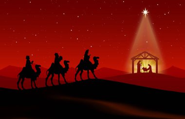 Christmas Nativity Scene black silhouette on red background clipart