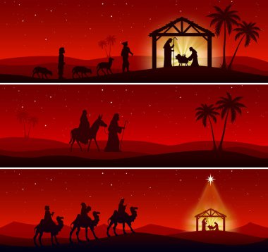 Kırmızı arkaplanda Noel Doğumu Sahnesi üç parçalı