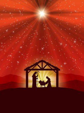 Kırmızı yıldızlı arka planda Noel Doğumu Sahnesi