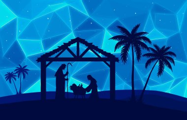 Mavi Noel tebrik kartı ve İsa 'nın doğumu sahnesi.