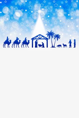 Cristmas İsa 'nın Doğumu Sahnesi afişi. Selamlama için kullanılabilir Noel illüstrasyonu, metin için kopya alanı.