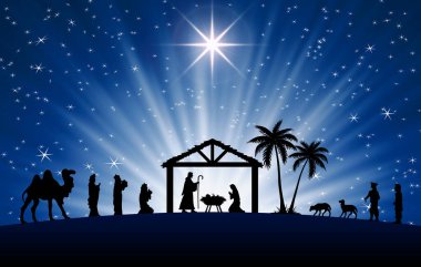 Mavi Noel doğum sahnesi tebrik kartı geçmişi.