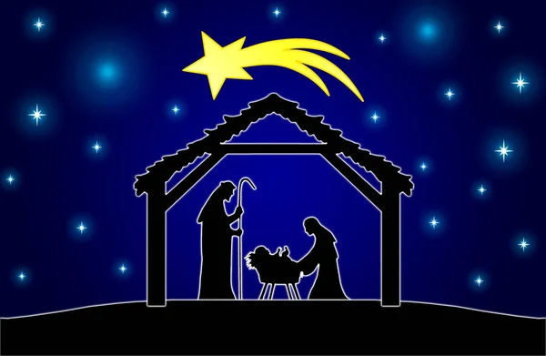 Tarjeta Felicitación Chritmas Nativity Scene Sobre Fondo Azul Estrellado Con —  Fotos de Stock