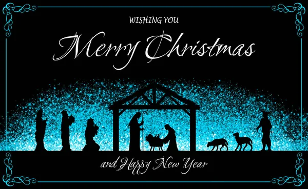 Chritmas Nativity Scene Greeting Card Blue Black Glowing Background — Stock Photo, Image