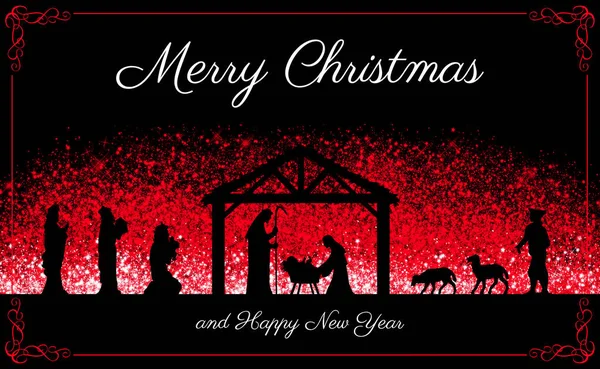 Chritmas Nativity Scene Greeting Card Red Black Glowing Background — Stock Photo, Image