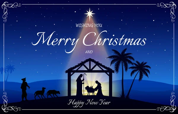 Chritmas Nativity Scene Greeting Card Blue Background — Stock Photo, Image