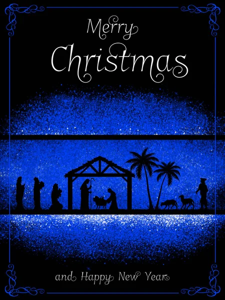 Chritmas Nativity Scene Greeting Card Blue Black Glowing Background — Stock Photo, Image