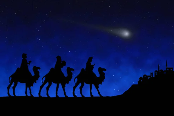 Belén Navidad Tres Reyes Magos Viajan Belén Silueta Negra Sobre — Foto de Stock