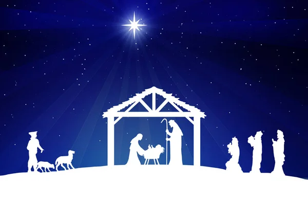 Christmas Nativity Scene White Silhouette Blue Background — Stock Photo, Image