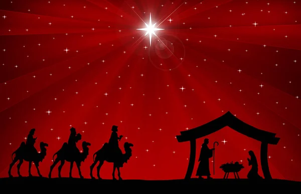 Christmas Nativity Scene black silhouette on red background