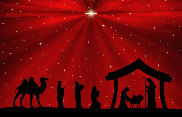 Karácsonyi Betlehem Jelenet Fekete Sziluett Piros Háttér — Stock Fotó