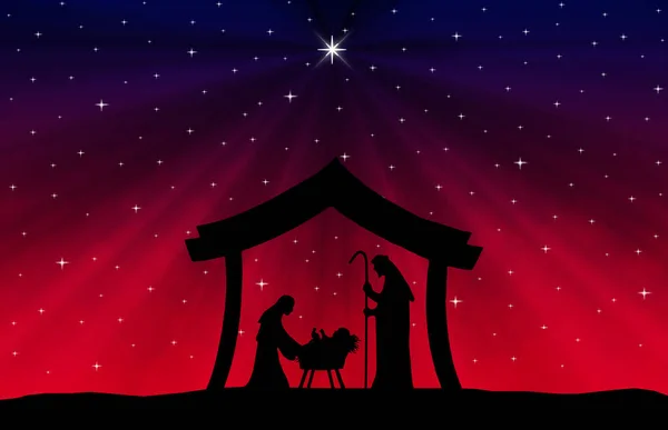 Christmas Nativity Scene black silhouette on blue-red gradient background